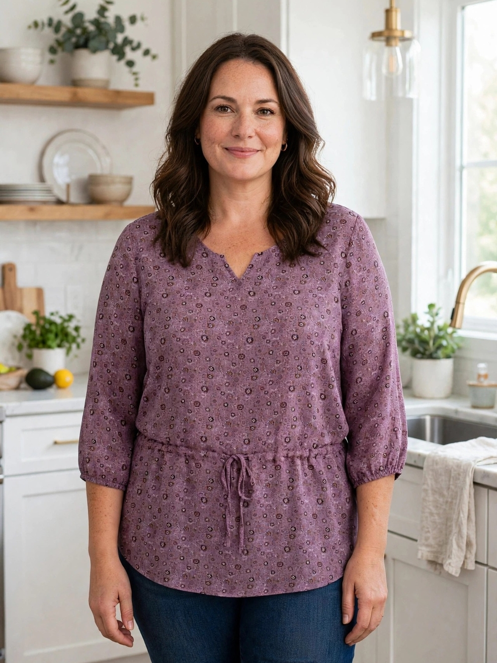 Faded Glory Mauve Floral Drawstring Peasant Top